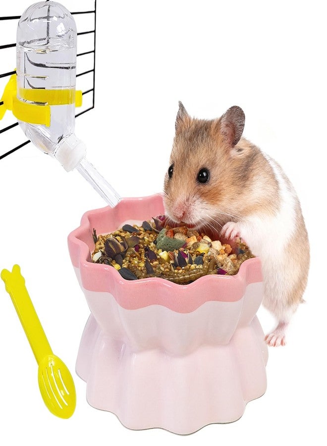 هامليدي وعاء طعام سيراميكي للهامستر، وعاء هامستر مرتفع، طبق تغذية للفئران غير قابل للانقلاب مع زجاجة ماء للجرذان القزمة والفئران والجرذان الطائرة (وردي) - Image 1